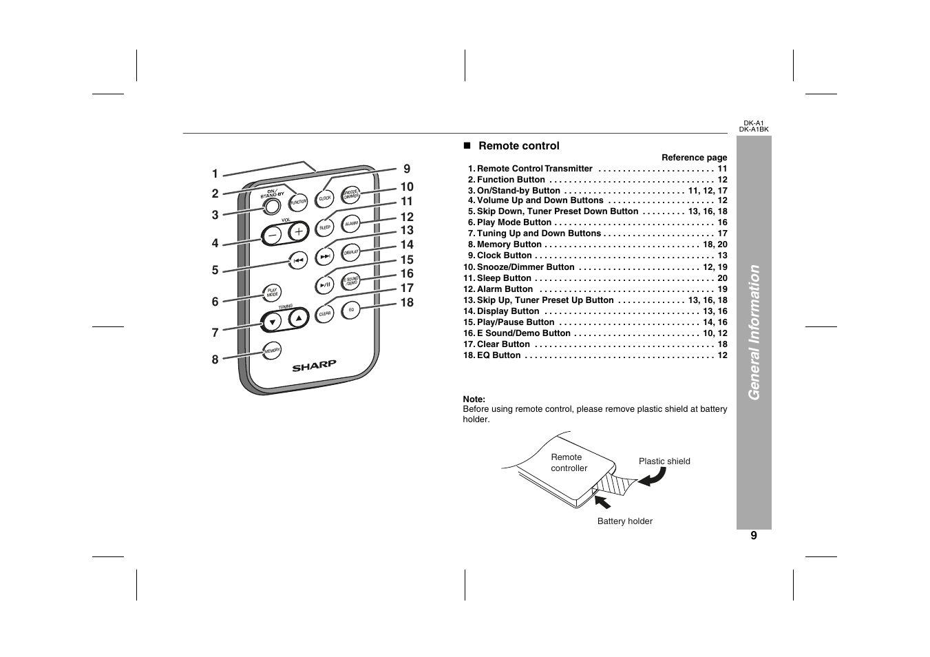 General information, Graphic, N remote control | Remote control transmitter 11, Function button 12, Volume up and down buttons 12, Skip down, tuner preset down button 13, 16, 18, Play mode button 16, Tuning up and down buttons 17, Memory button 18, 20 | Sharp MUSIC SYSTEM DK-A1BK User Manual | Page 9 / 24