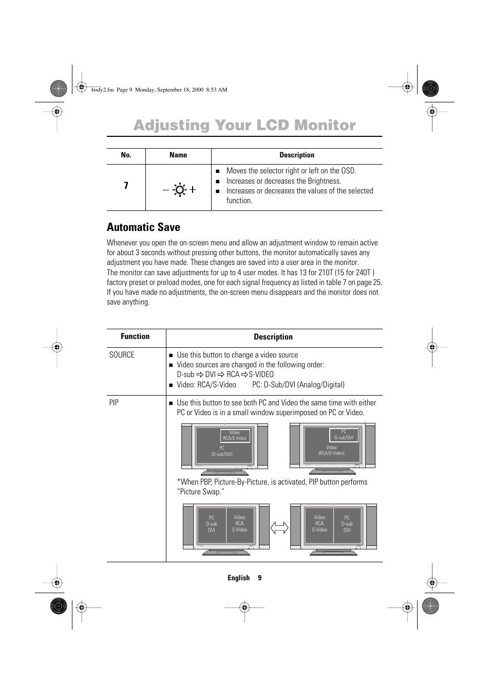 Adjusting your lcd monitor, Automatic save | Sharp SYNCMASTER 240T User Manual | Page 11 / 30