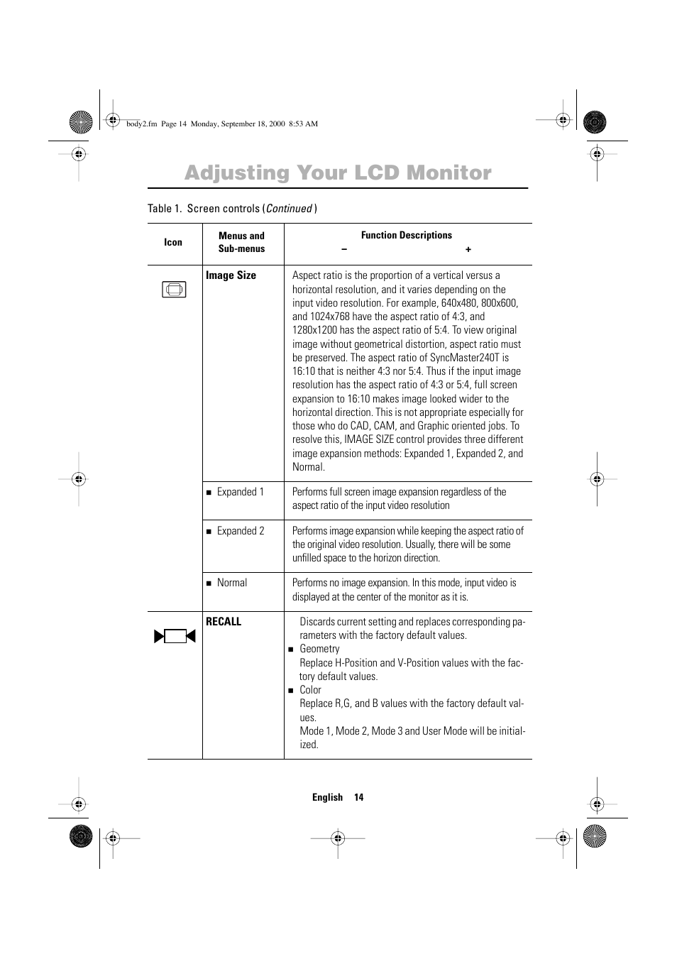 Adjusting your lcd monitor | Sharp SYNCMASTER 240T User Manual | Page 16 / 30