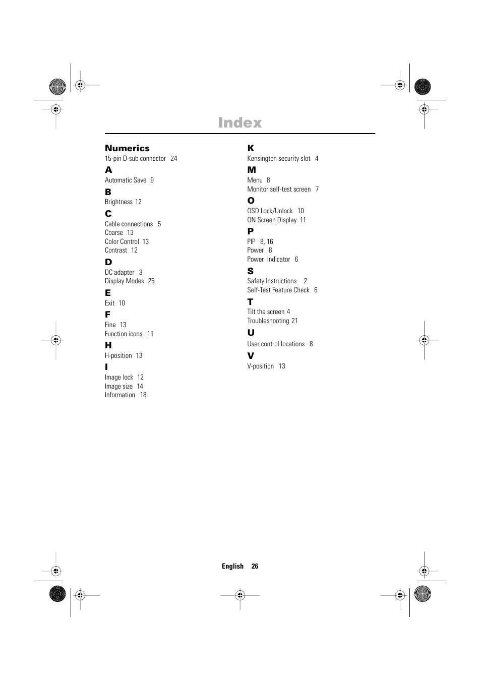 Index | Sharp SYNCMASTER 240T User Manual | Page 28 / 30