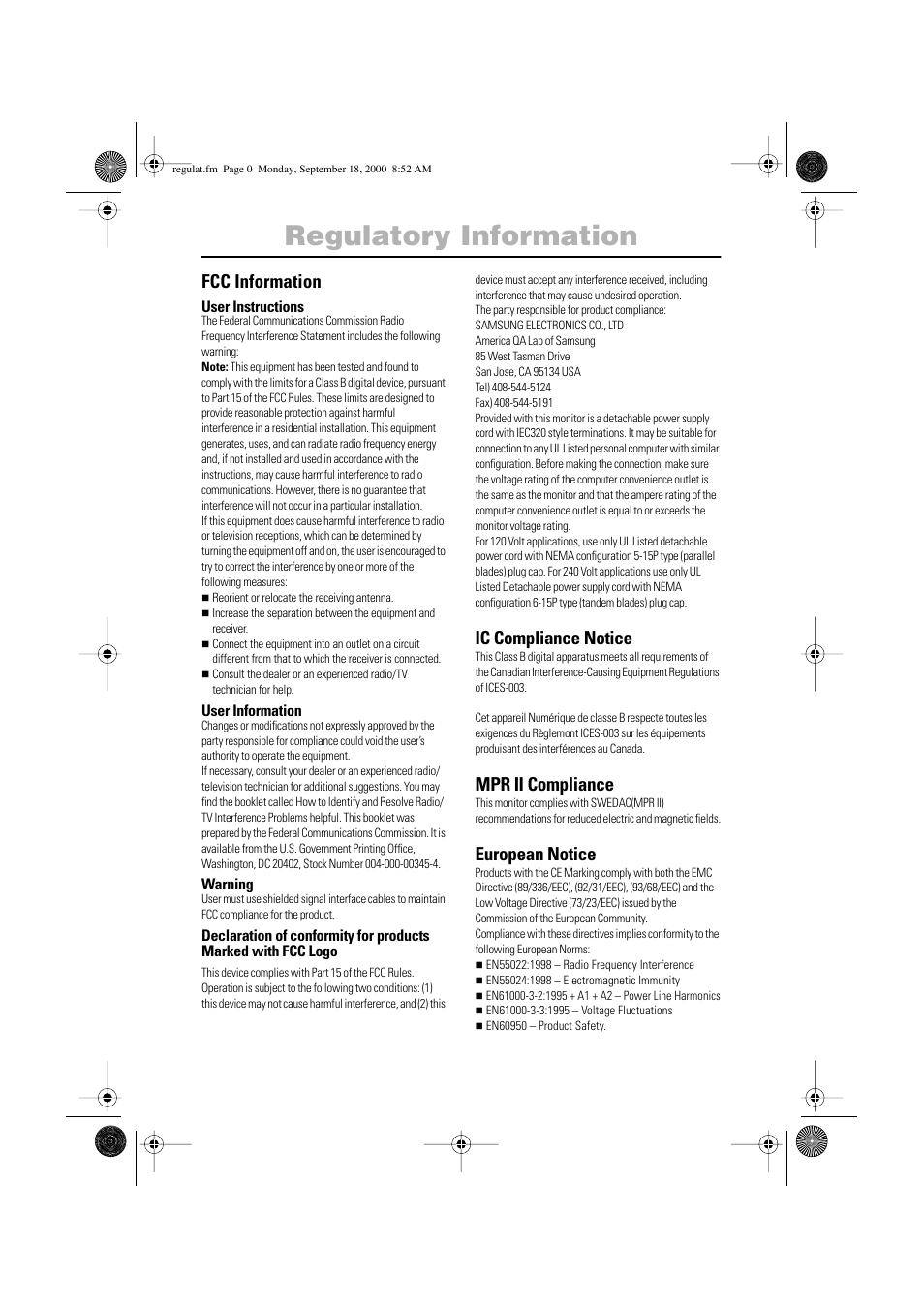 Fcc information, Ic compliance notice, Mpr ii compliance | European notice | Sharp SYNCMASTER 240T User Manual | Page 29 / 30