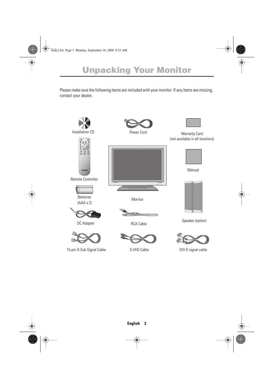 Unpacking your monitor | Sharp SYNCMASTER 240T User Manual | Page 5 / 30