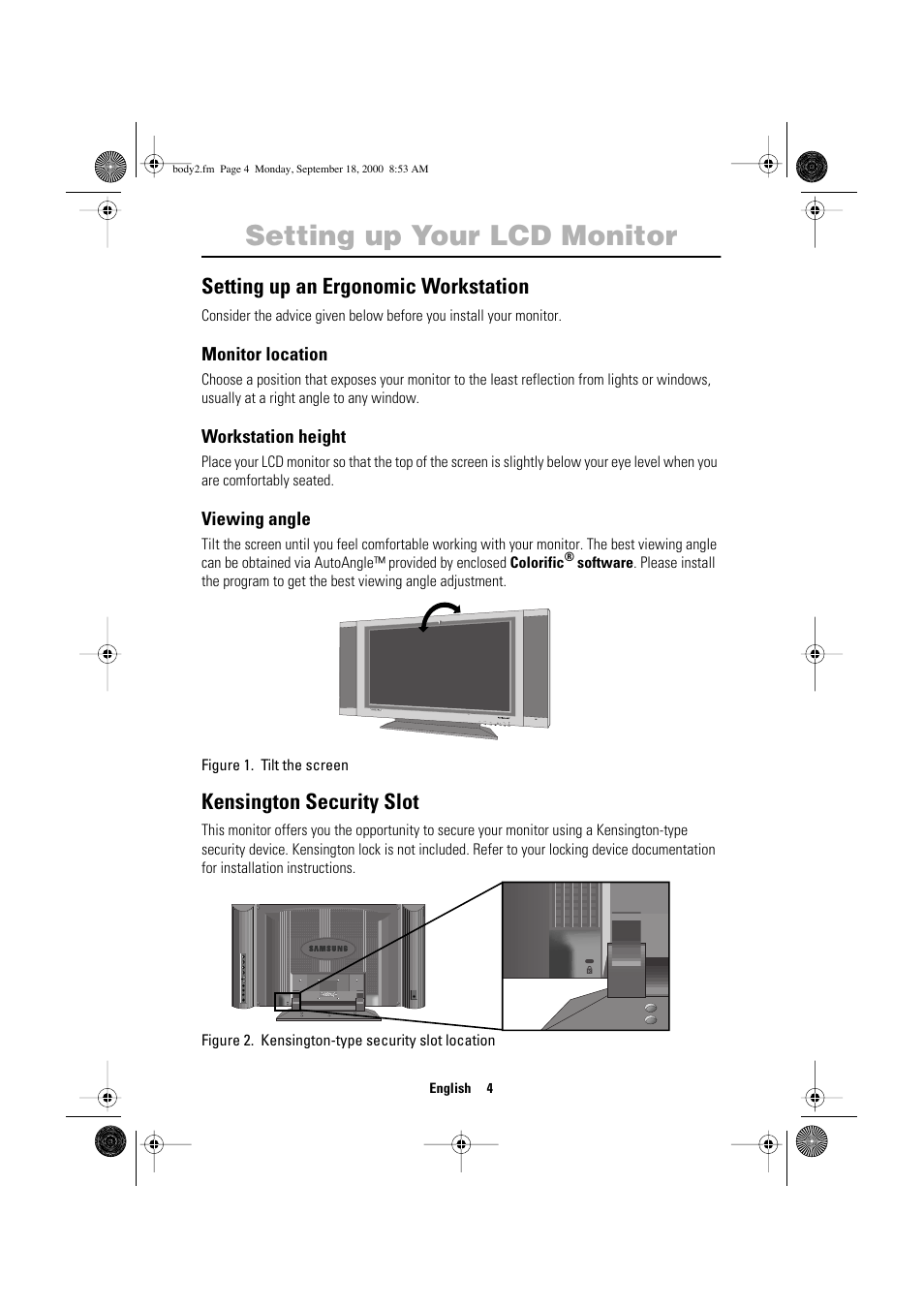 Setting up your lcd monitor, Setting up an ergonomic workstation, Kensington security slot | Sharp SYNCMASTER 240T User Manual | Page 6 / 30