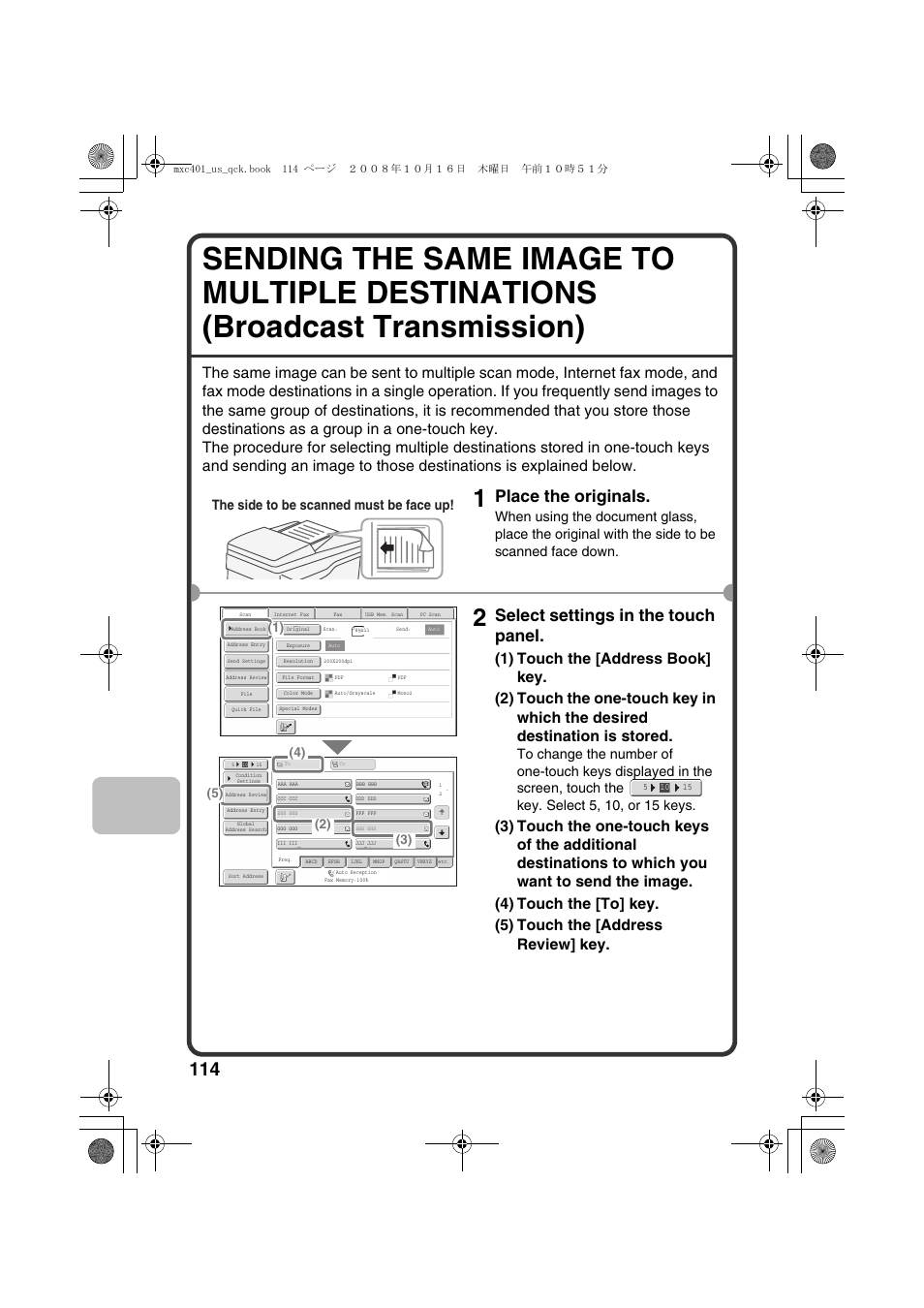 Place the originals, Select settings in the touch panel, The side to be scanned must be face up | Sharp DX-C401 User Manual | Page 116 / 148