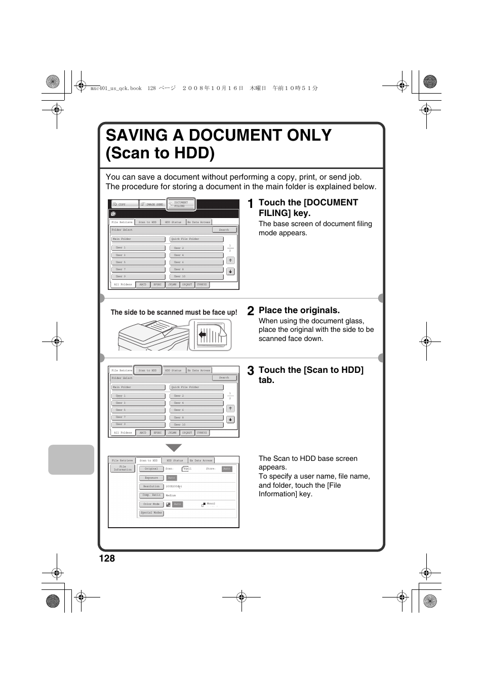 Saving a document only (scan to hdd), Touch the [document filing] key, Place the originals | Touch the [scan to hdd] tab, The base screen of document filing mode appears, The side to be scanned must be face up | Sharp DX-C401 User Manual | Page 130 / 148