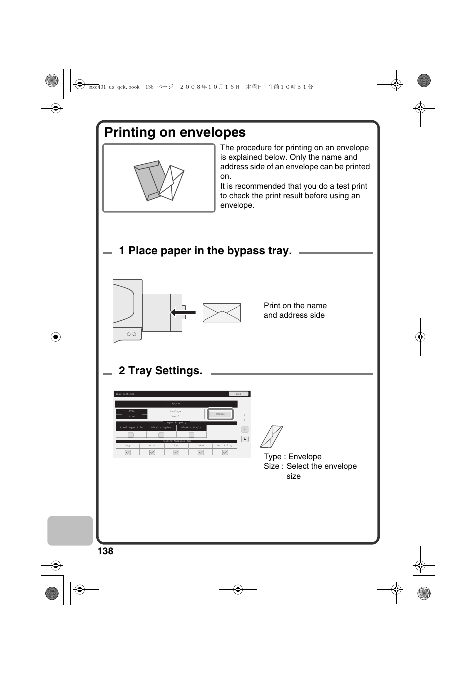 Printing on envelopes, 2 tray settings, 1 place paper in the bypass tray | Sharp DX-C401 User Manual | Page 140 / 148