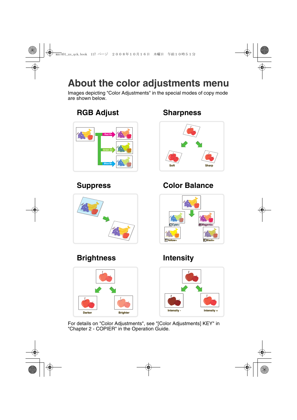 About the color adjustments menu | Sharp DX-C401 User Manual | Page 147 / 148