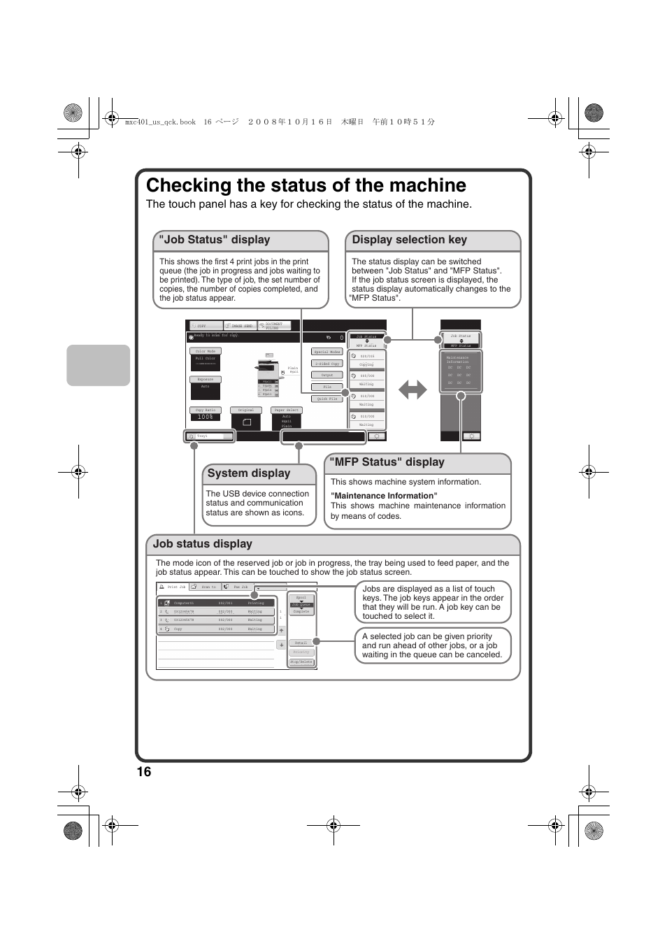 Checking the status of the machine, System display | Sharp DX-C401 User Manual | Page 18 / 148