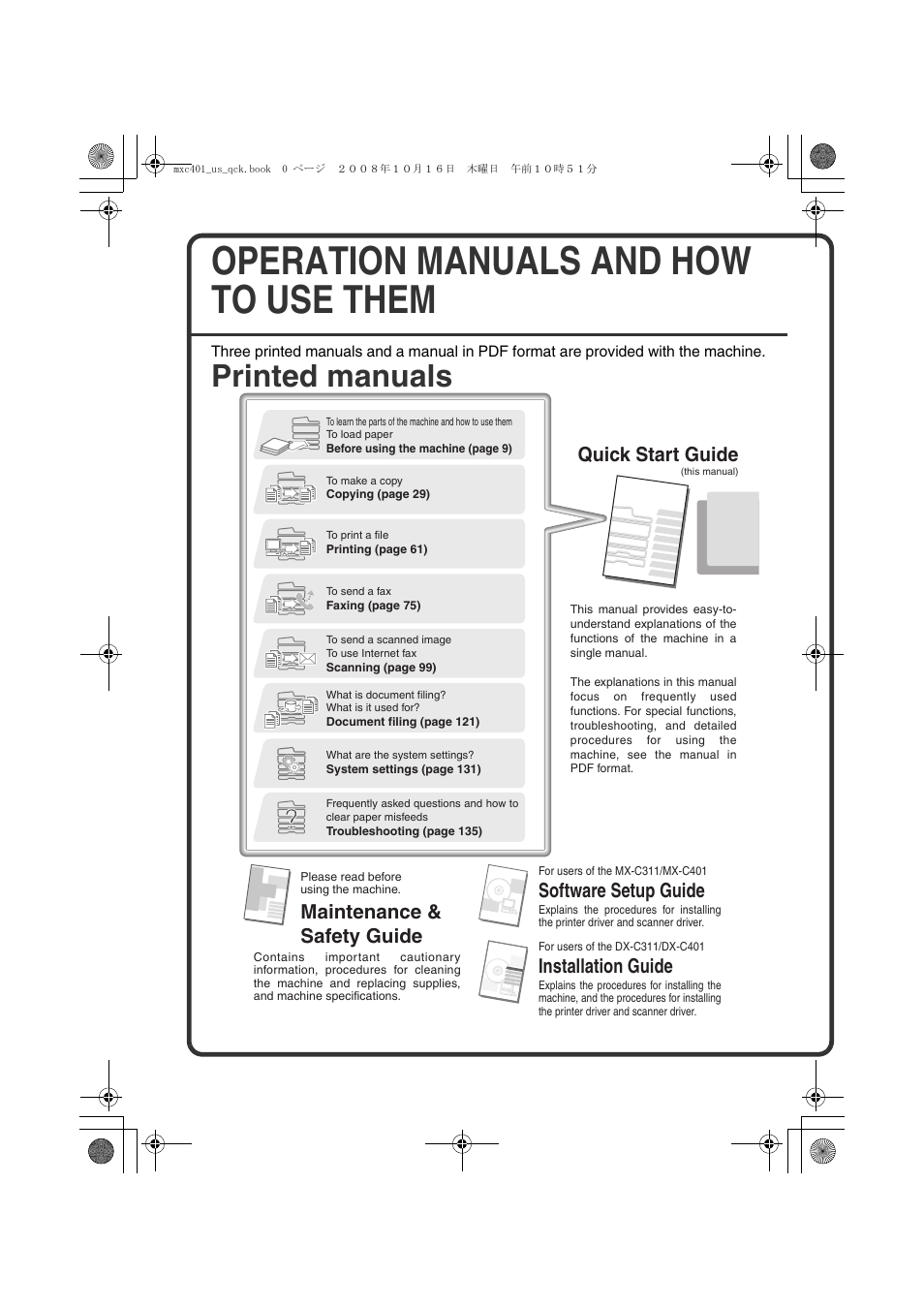 Operation manuals and how to use them, Printed manuals, Quick start guide | Software setup guide, Maintenance & safety guide, Installation guide | Sharp DX-C401 User Manual | Page 2 / 148