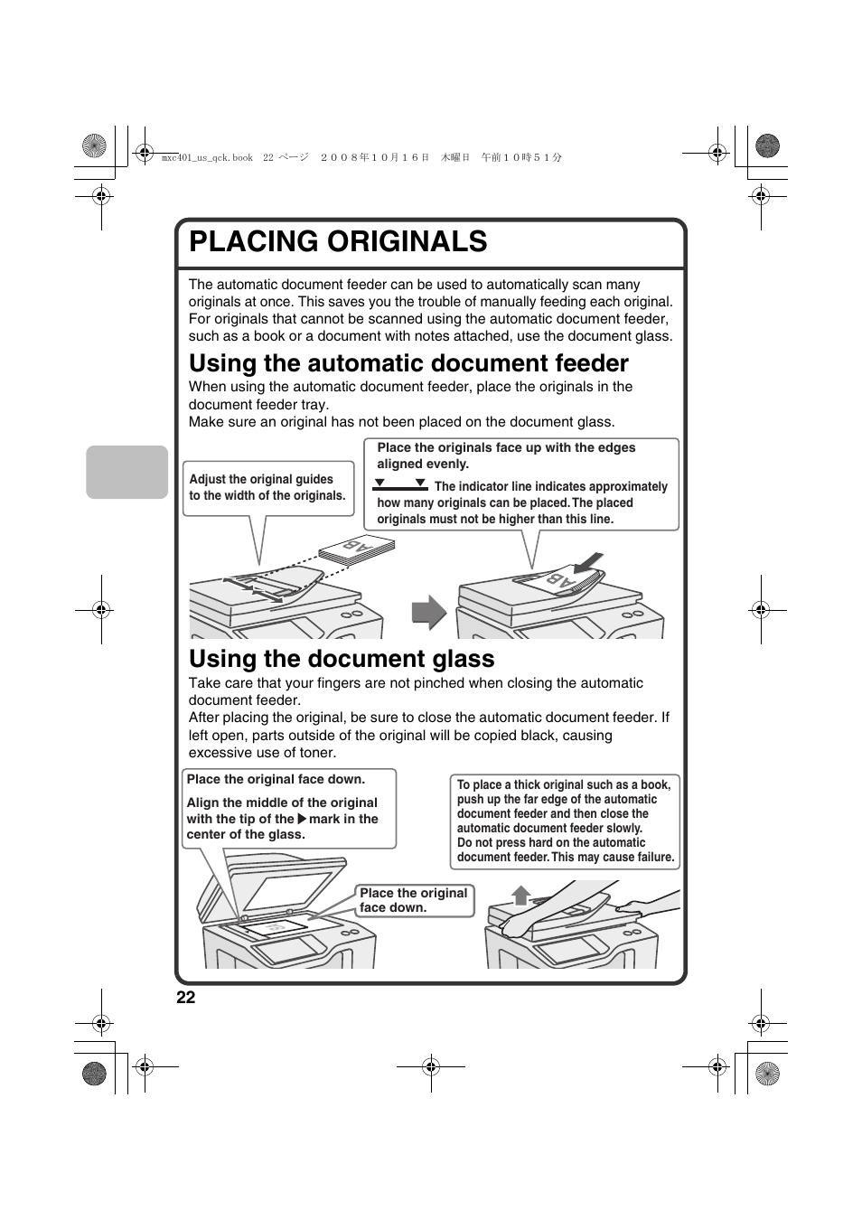 Placing originals, Using the automatic document feeder, Using the document glass | Sharp DX-C401 User Manual | Page 24 / 148