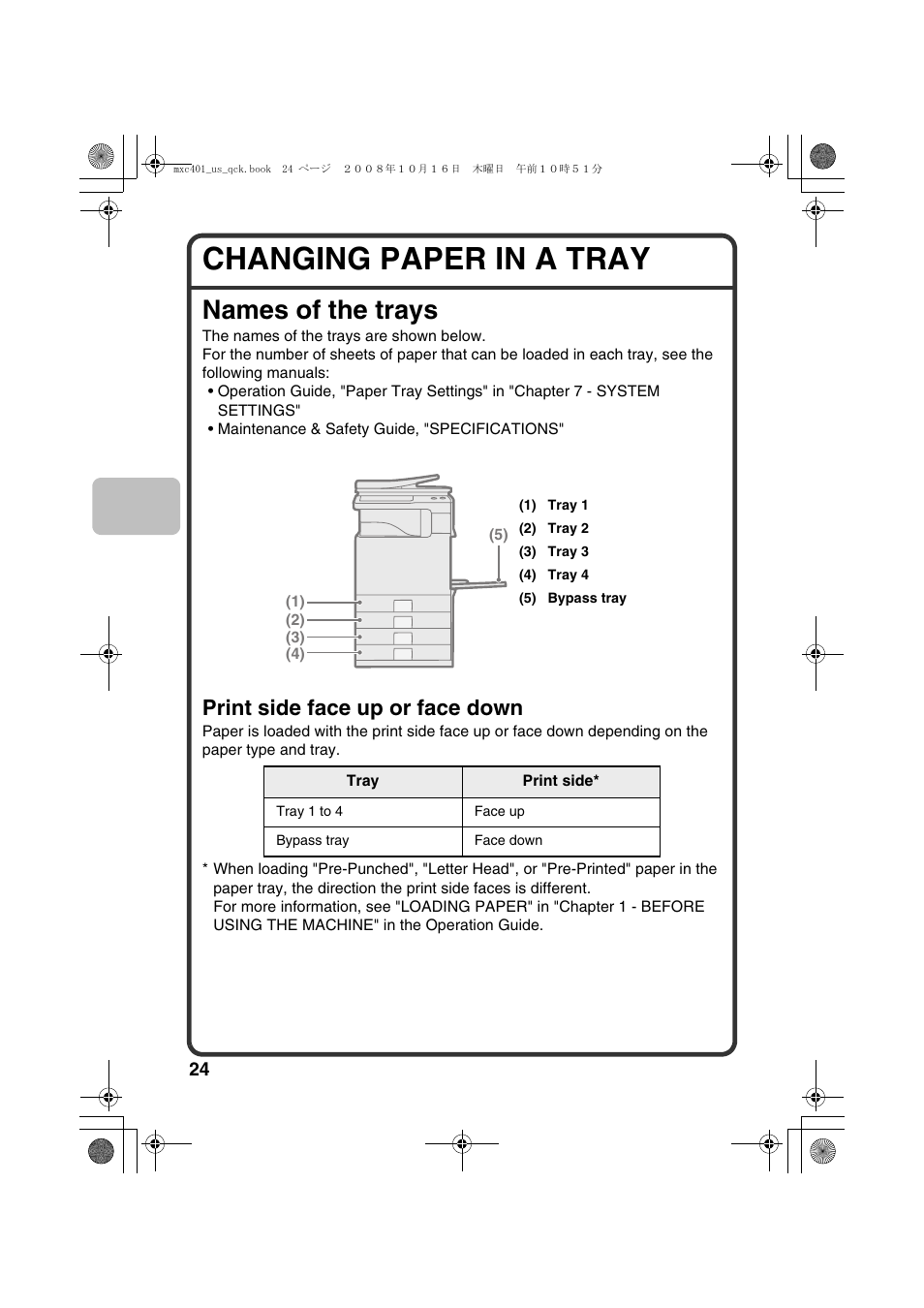 Changing paper in a tray, Names of the trays, Print side face up or face down | Sharp DX-C401 User Manual | Page 26 / 148