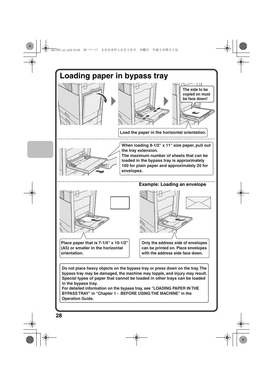 Loading paper in bypass tray | Sharp DX-C401 User Manual | Page 30 / 148