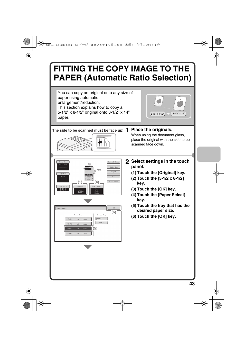 Place the originals, Select settings in the touch panel, The side to be scanned must be face up | Sharp DX-C401 User Manual | Page 45 / 148