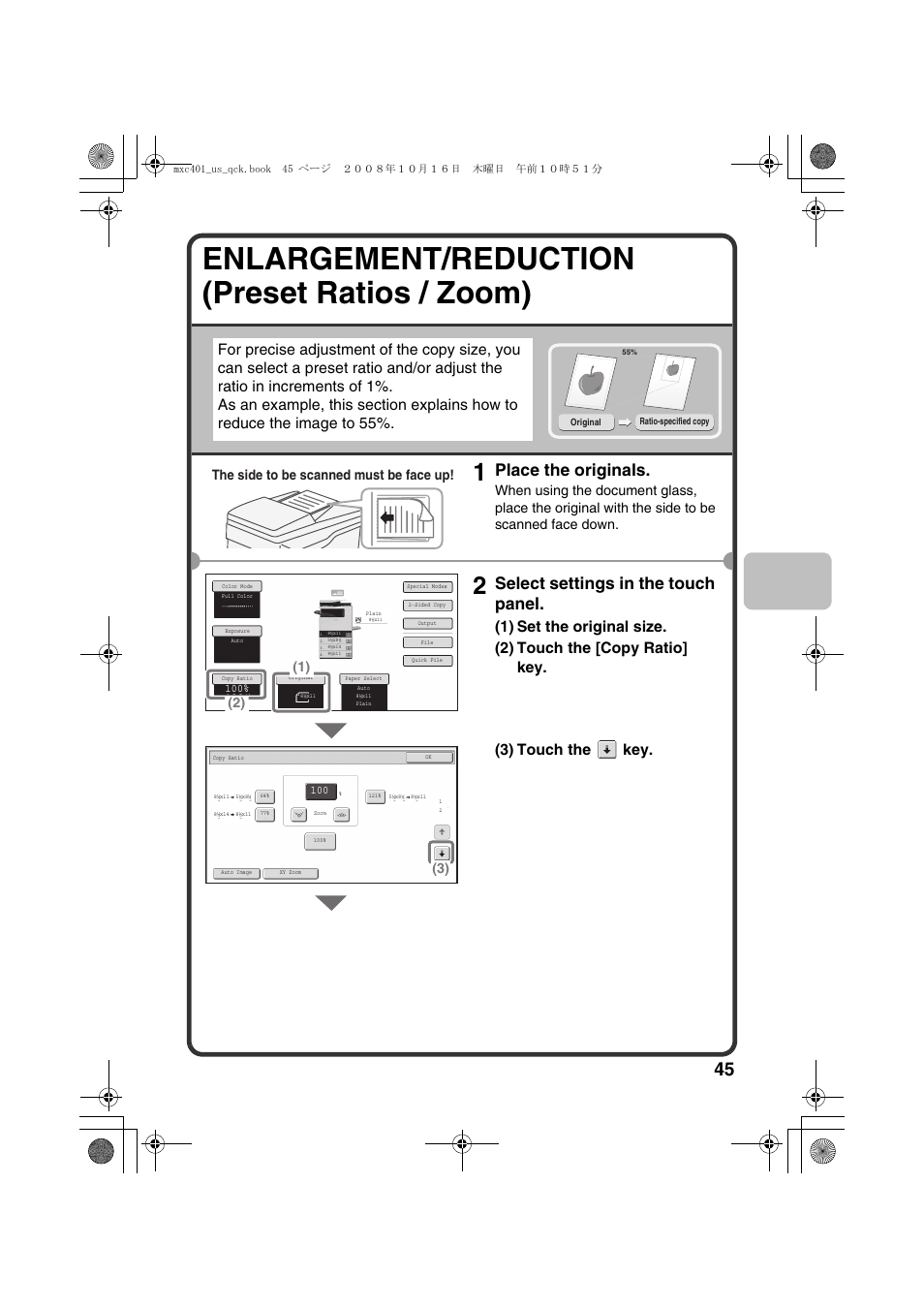 Enlargement/reduction (preset ratios / zoom), Place the originals, Select settings in the touch panel | The side to be scanned must be face up | Sharp DX-C401 User Manual | Page 47 / 148