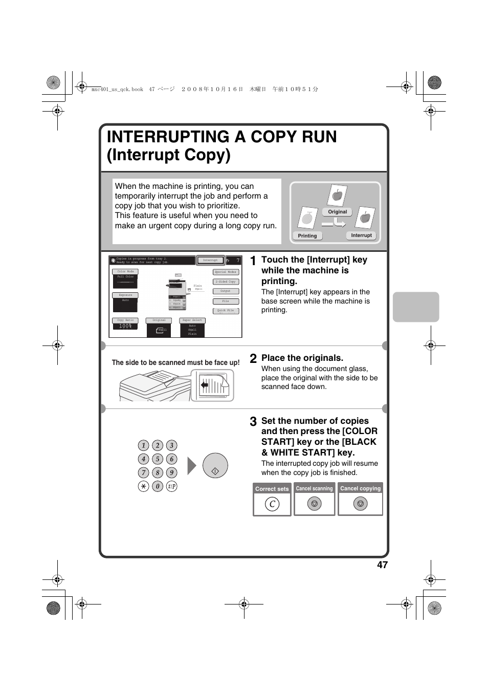 Interrupting a copy run (interrupt copy), Place the originals, The side to be scanned must be face up | Sharp DX-C401 User Manual | Page 49 / 148