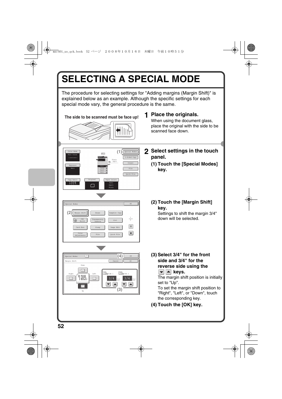 Selecting a special mode, Place the originals, Select settings in the touch panel | 4) touch the [ok] key, The side to be scanned must be face up | Sharp DX-C401 User Manual | Page 54 / 148