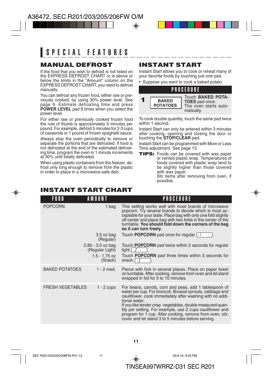 Instant start chart, Manual defrost, Instant start | Sharp R-203F User Manual | Page 13 / 20