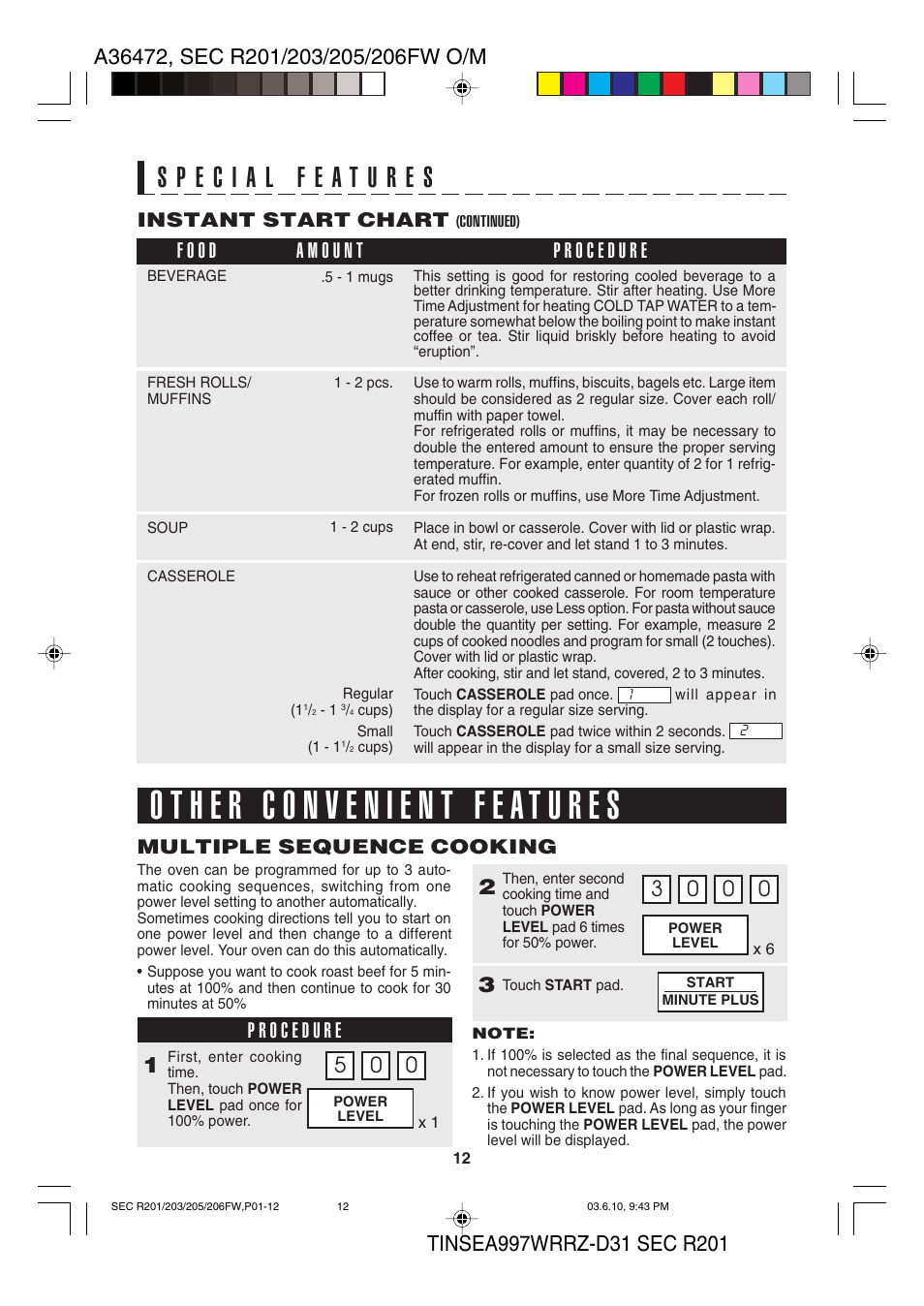 Instant start chart, Multiple sequence cooking | Sharp R-203F User Manual | Page 14 / 20