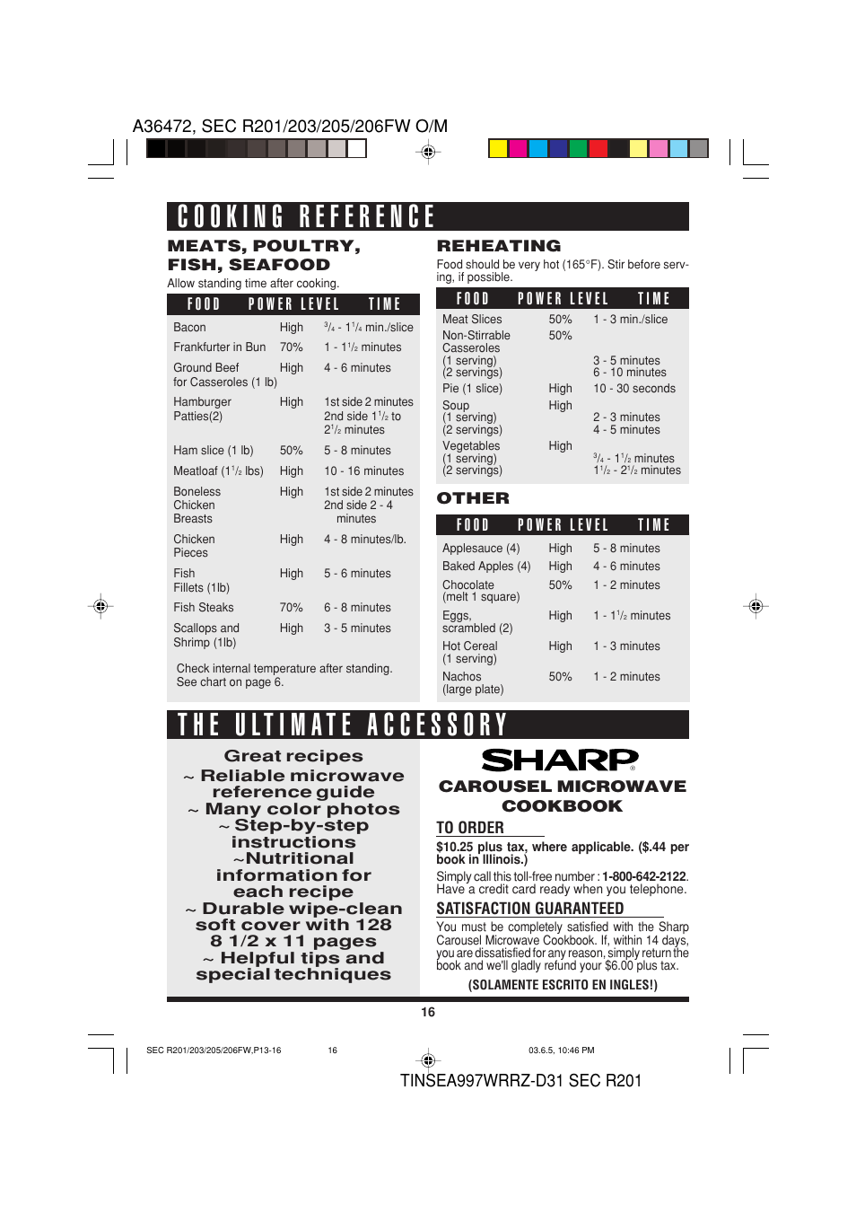 Satisfaction guaranteed, Meats, poultry, fish, seafood, Reheating | Other | Sharp R-203F User Manual | Page 18 / 20