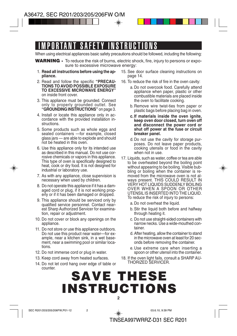 Save these instructions | Sharp R-203F User Manual | Page 4 / 20