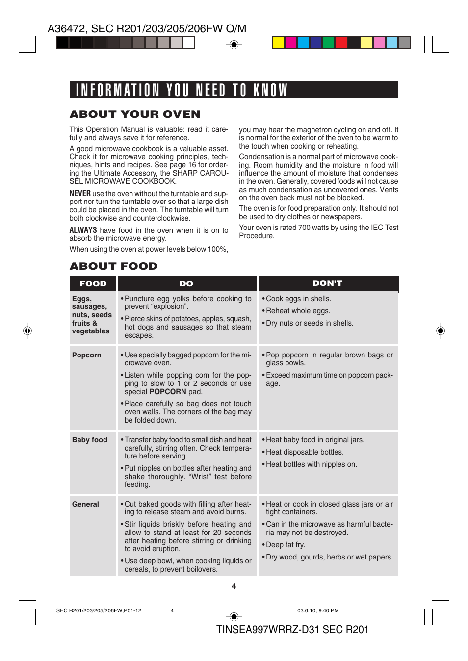 About your oven, About food | Sharp R-203F User Manual | Page 6 / 20