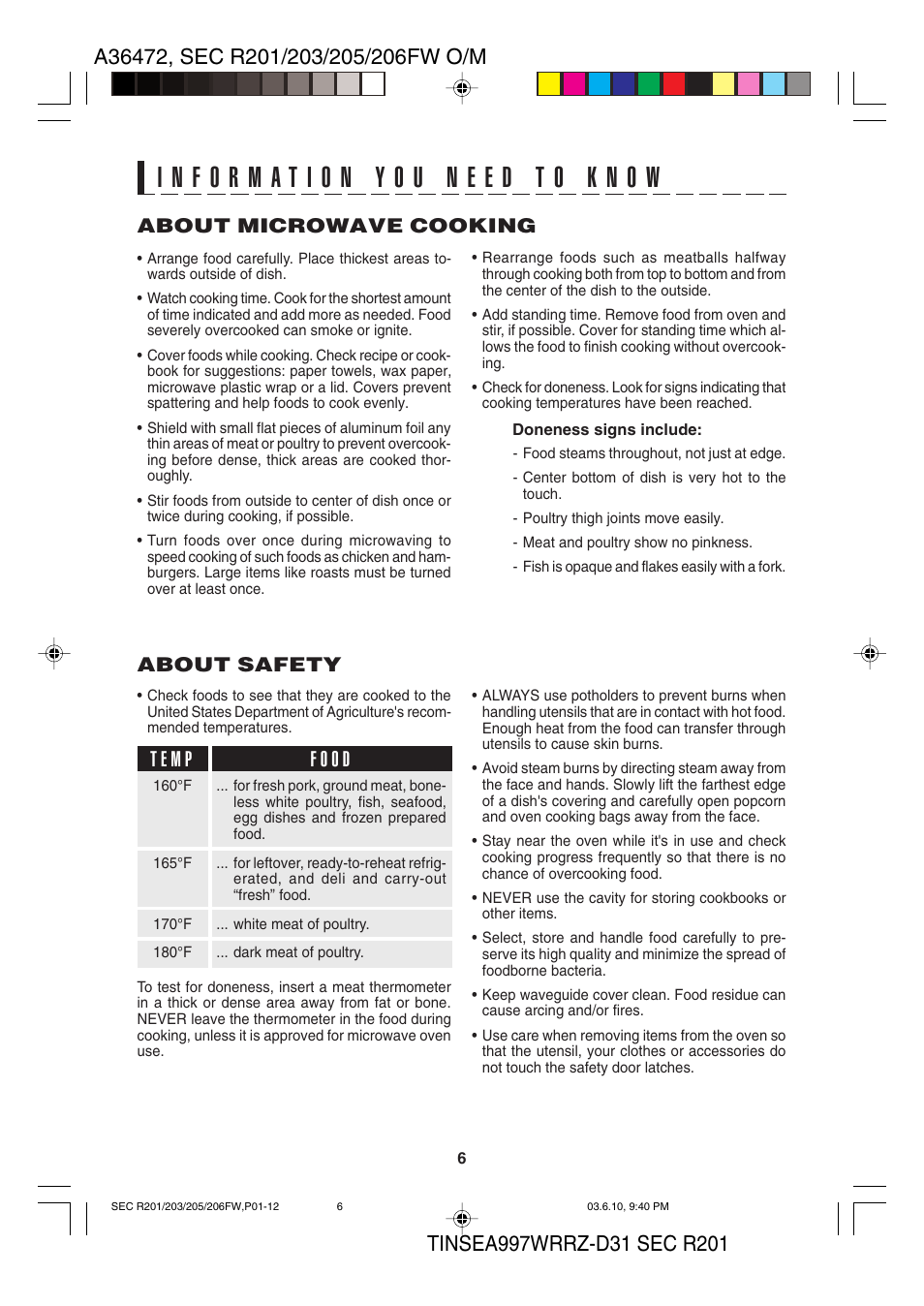 About microwave cooking, About safety | Sharp R-203F User Manual | Page 8 / 20