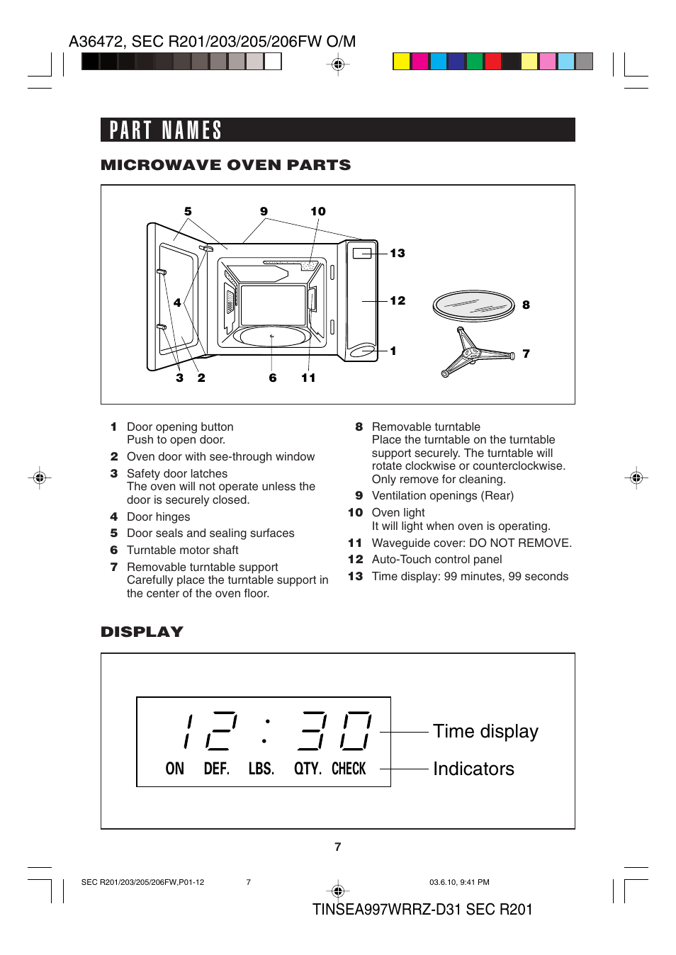 Time display indicators, Def. lbs. qty. check on | Sharp R-203F User Manual | Page 9 / 20