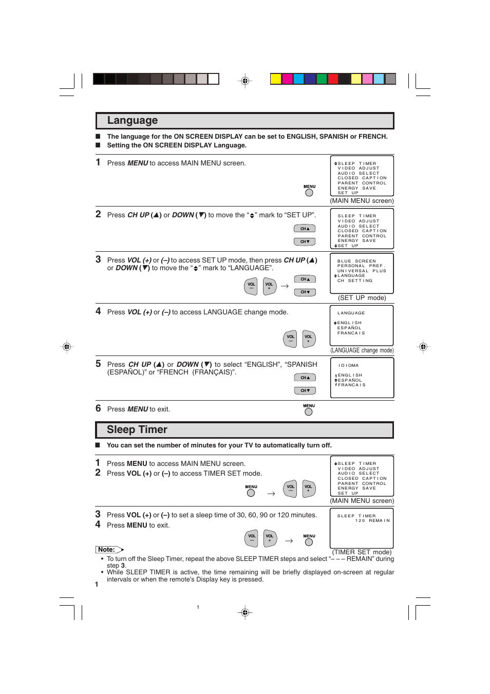 Sleep timer, Language, Press menu to access main menu screen | Press menu to exit, Press vol (+) or (–) to access timer set mode | Sharp 25C340 User Manual | Page 10 / 50
