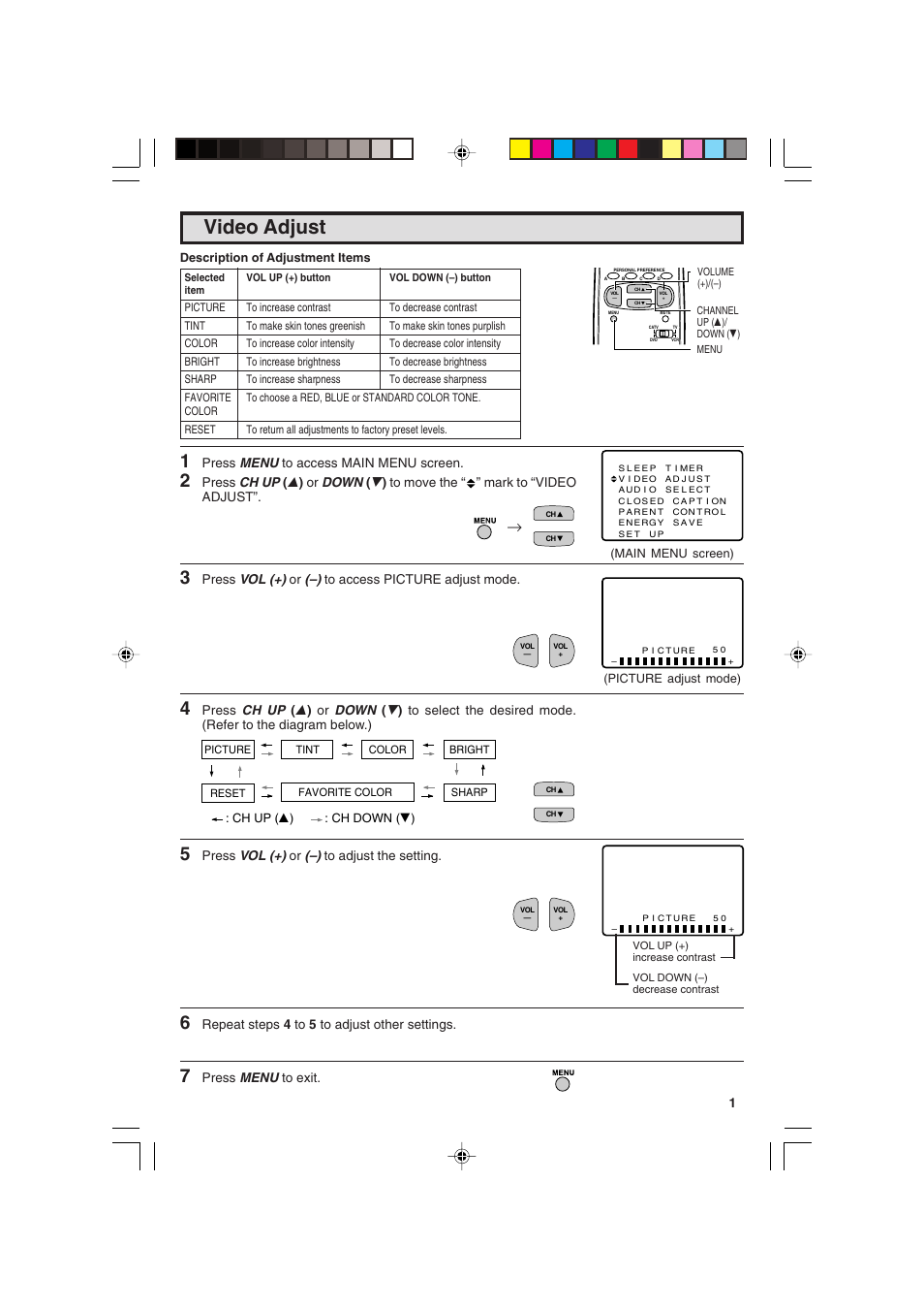 Video adjust | Sharp 25C340 User Manual | Page 11 / 50