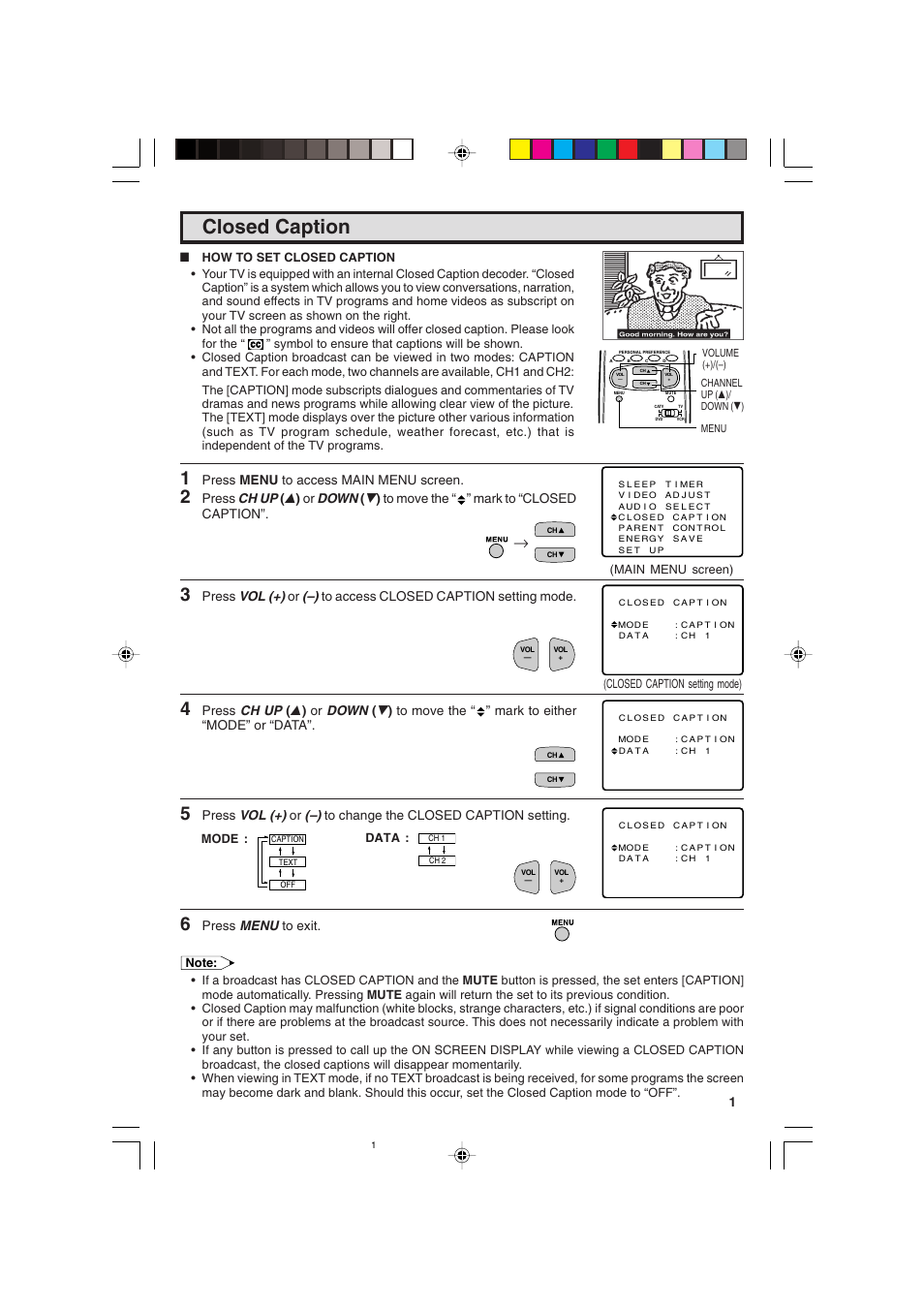 Closed caption, Press menu to access main menu screen, Press menu to exit | Sharp 25C340 User Manual | Page 13 / 50