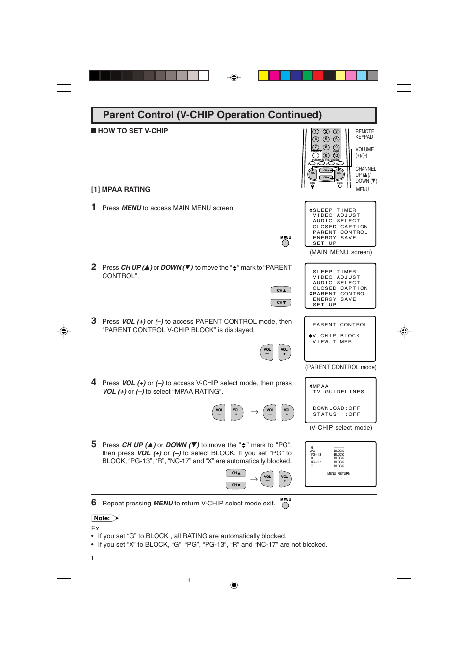Parent control (v-chip operation continued), L how to set v-chip [1] mpaa rating, Press menu to access main menu screen | Sharp 25C340 User Manual | Page 16 / 50