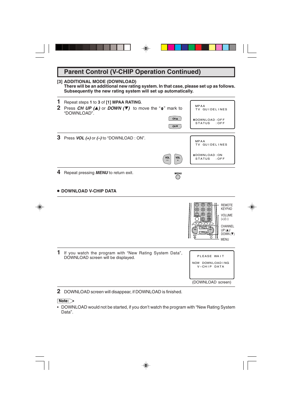 Parent control (v-chip operation continued), Download v-chip data, Repeat steps 1 to 3 of [1] mpaa rating | Press vol (+) or (–) to “download : on, Repeat pressing menu to return exit | Sharp 25C340 User Manual | Page 18 / 50