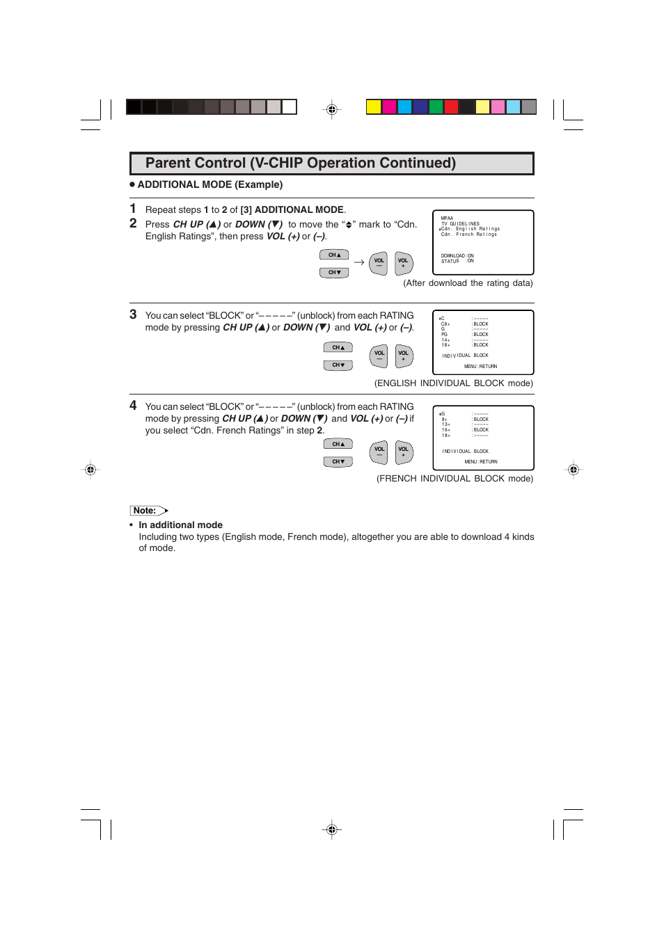 Parent control (v-chip operation continued), Additional mode (example), Repeat steps 1 to 2 of [3] additional mode | Sharp 25C340 User Manual | Page 19 / 50