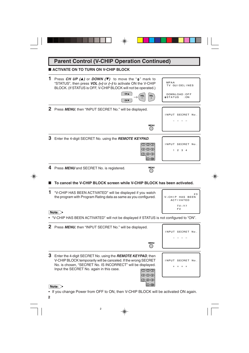 Parent control (v-chip operation continued), L activate on to turn on v-chip block | Sharp 25C340 User Manual | Page 20 / 50