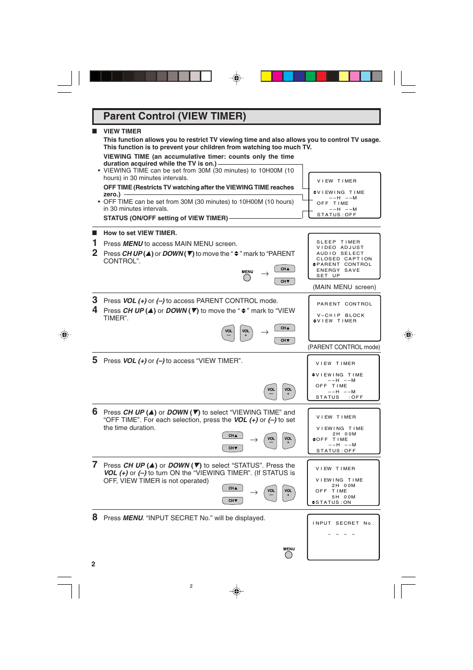 Parent control (view timer) | Sharp 25C340 User Manual | Page 22 / 50