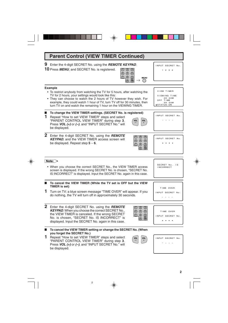 Parent control (view timer continued), Press menu , and secret no. is registered | Sharp 25C340 User Manual | Page 23 / 50