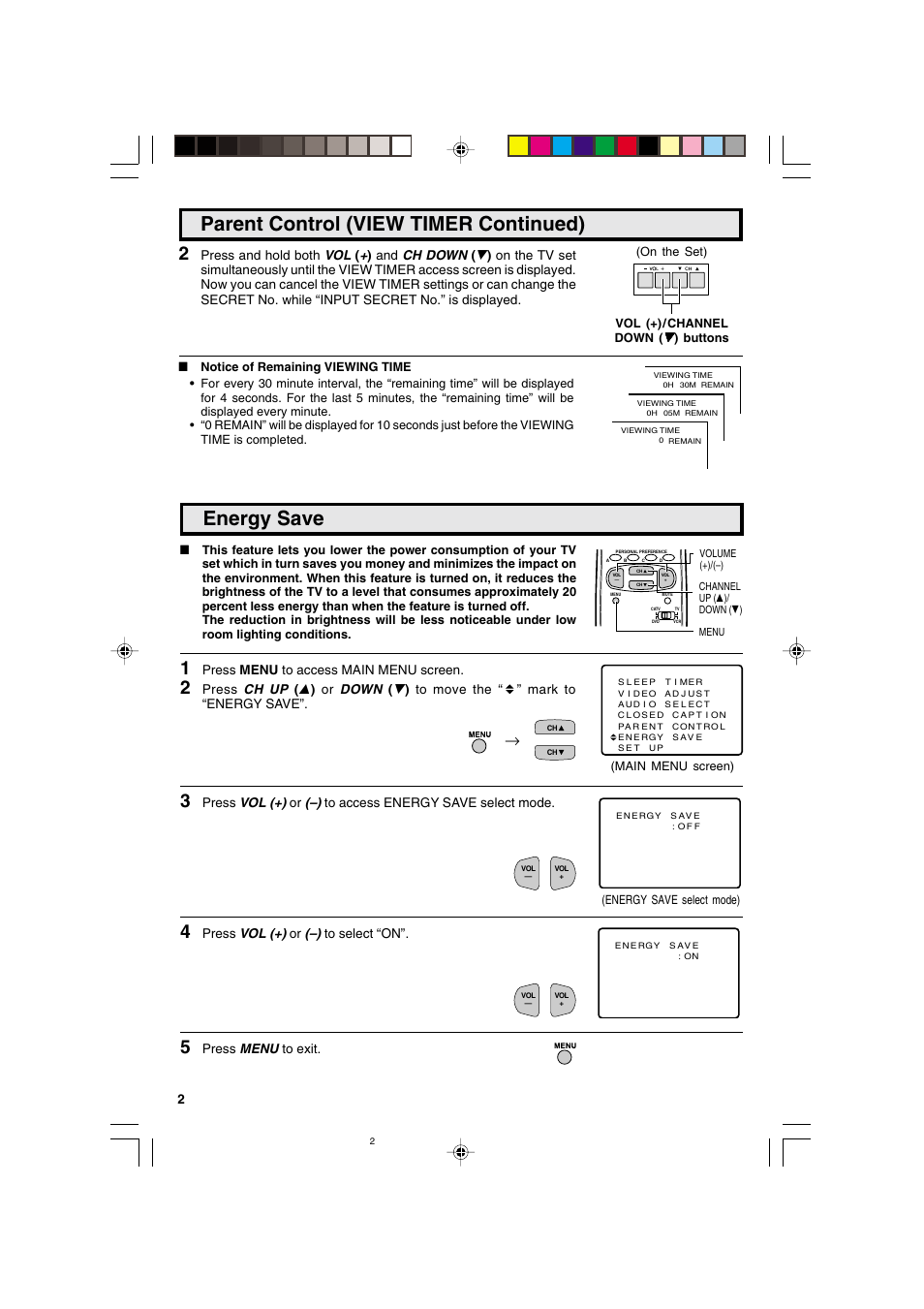 Energy save, Parent control (view timer continued) | Sharp 25C340 User Manual | Page 24 / 50