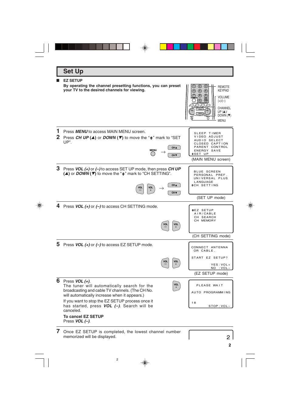 Set up, Press menu to access main menu screen, Press vol (+) or (–) to access ch setting mode | Press vol (+) or (–) to access ez setup mode | Sharp 25C340 User Manual | Page 25 / 50