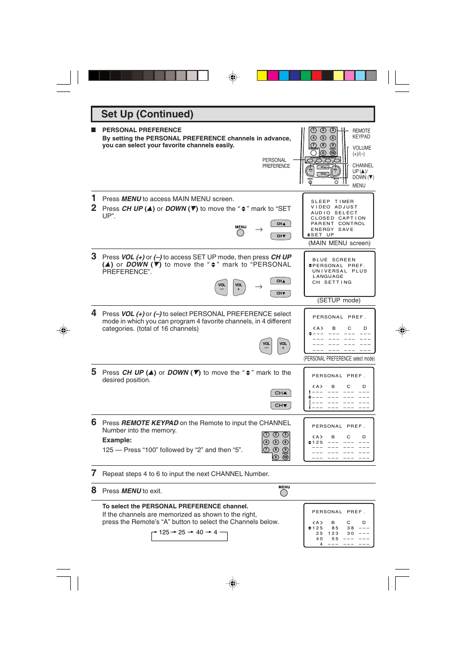 Set up (continued), Press menu to access main menu screen, Press menu to exit | Sharp 25C340 User Manual | Page 29 / 50