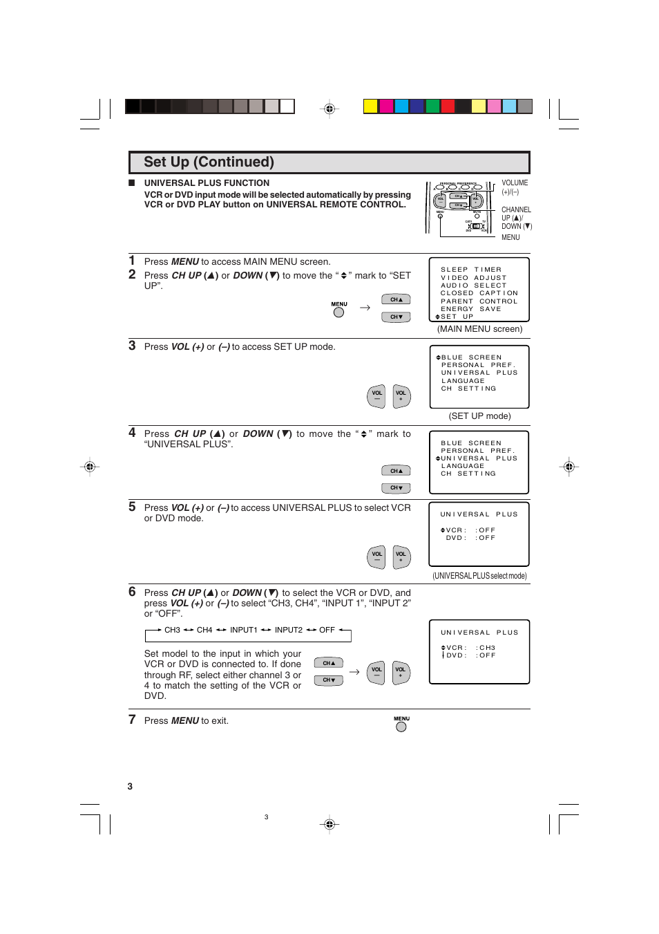 Set up (continued), Press menu to access main menu screen, Press vol (+) or (–) to access set up mode | Press menu to exit | Sharp 25C340 User Manual | Page 30 / 50