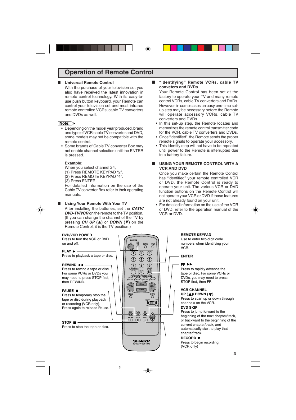 Operation of remote control | Sharp 25C340 User Manual | Page 33 / 50