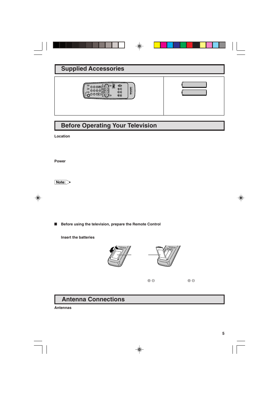 Before operating your television, Supplied accessories, Antenna connections | Sharp 25C340 User Manual | Page 5 / 50