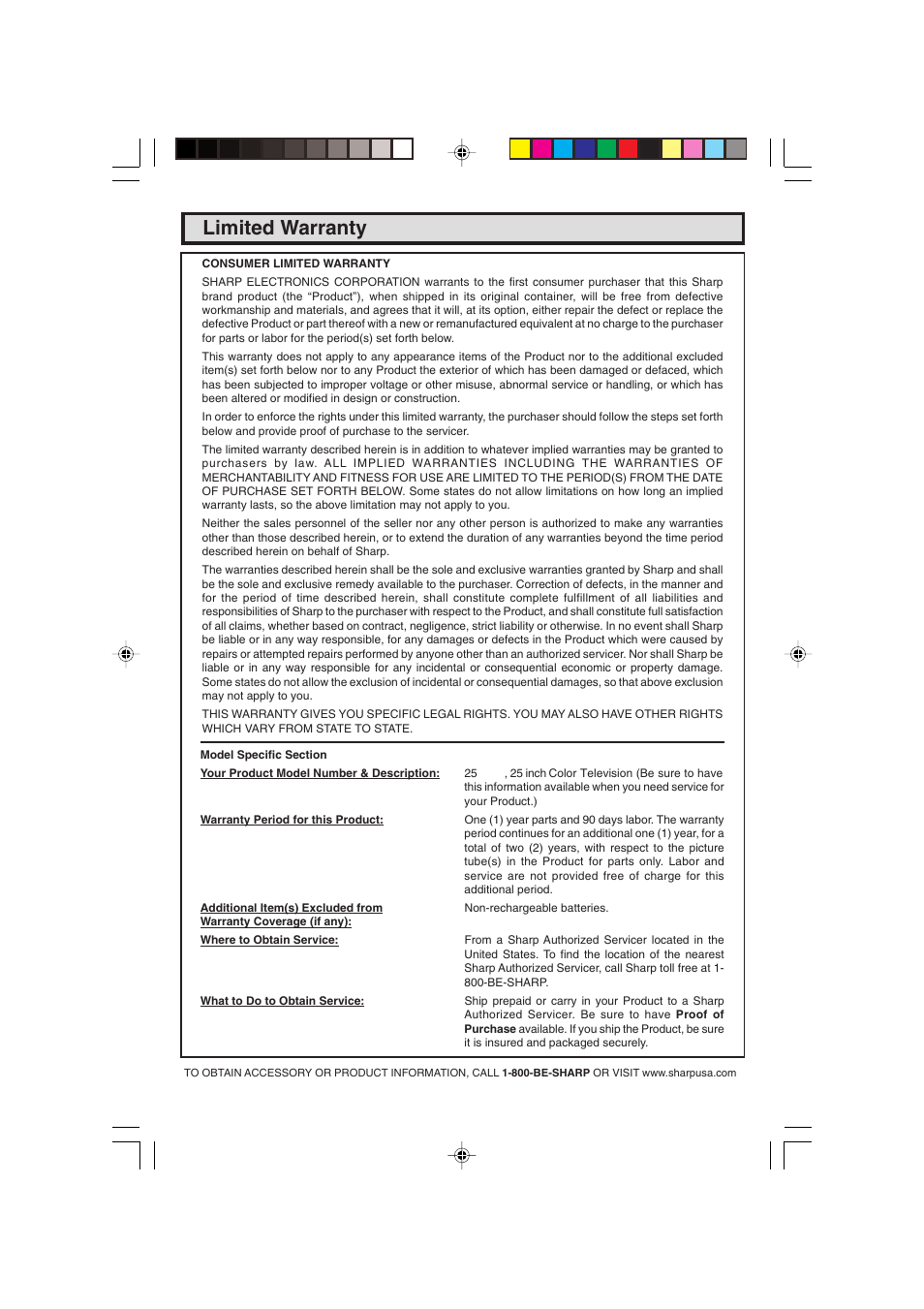 Limited warranty | Sharp 25C340 User Manual | Page 50 / 50