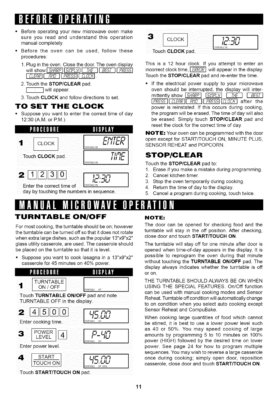 Efore operating, To set the clock, Procedure | Splay, Stop/clear, Manual microwave operation, Turntable on/off | Sharp Carousel R-1875 User Manual | Page 12 / 31