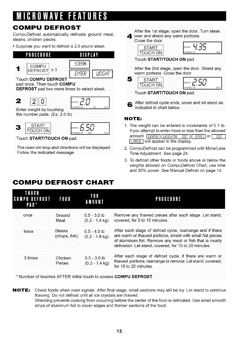 Microwave features, Compu defrost, Procedure | Splay, Touch compu defrost, Compu defrost chart, Touch, Compu defrost food pad, Amount | Sharp Carousel R-1875 User Manual | Page 14 / 31