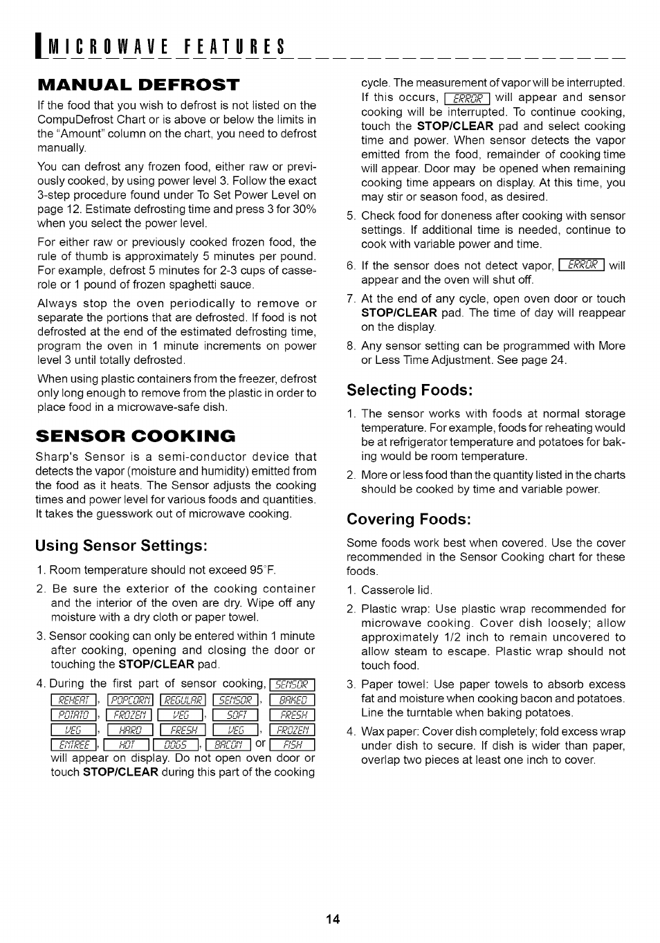 Manual defrost, Sensor cooking, Using sensor settings | Selecting foods, Covering foods, L|_i 1 i ojlaj i ji hj j ls | Sharp Carousel R-1875 User Manual | Page 15 / 31