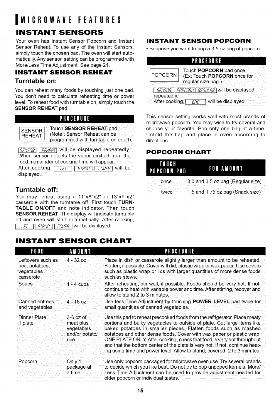 Lm_i 1 r_ owj j; 1 j 1 lu 1 ls, Instant sensors, Procedure | Turntable off, Touch, Popcorn pad, Instant sensor chart, R_ owj j | Sharp Carousel R-1875 User Manual | Page 16 / 31