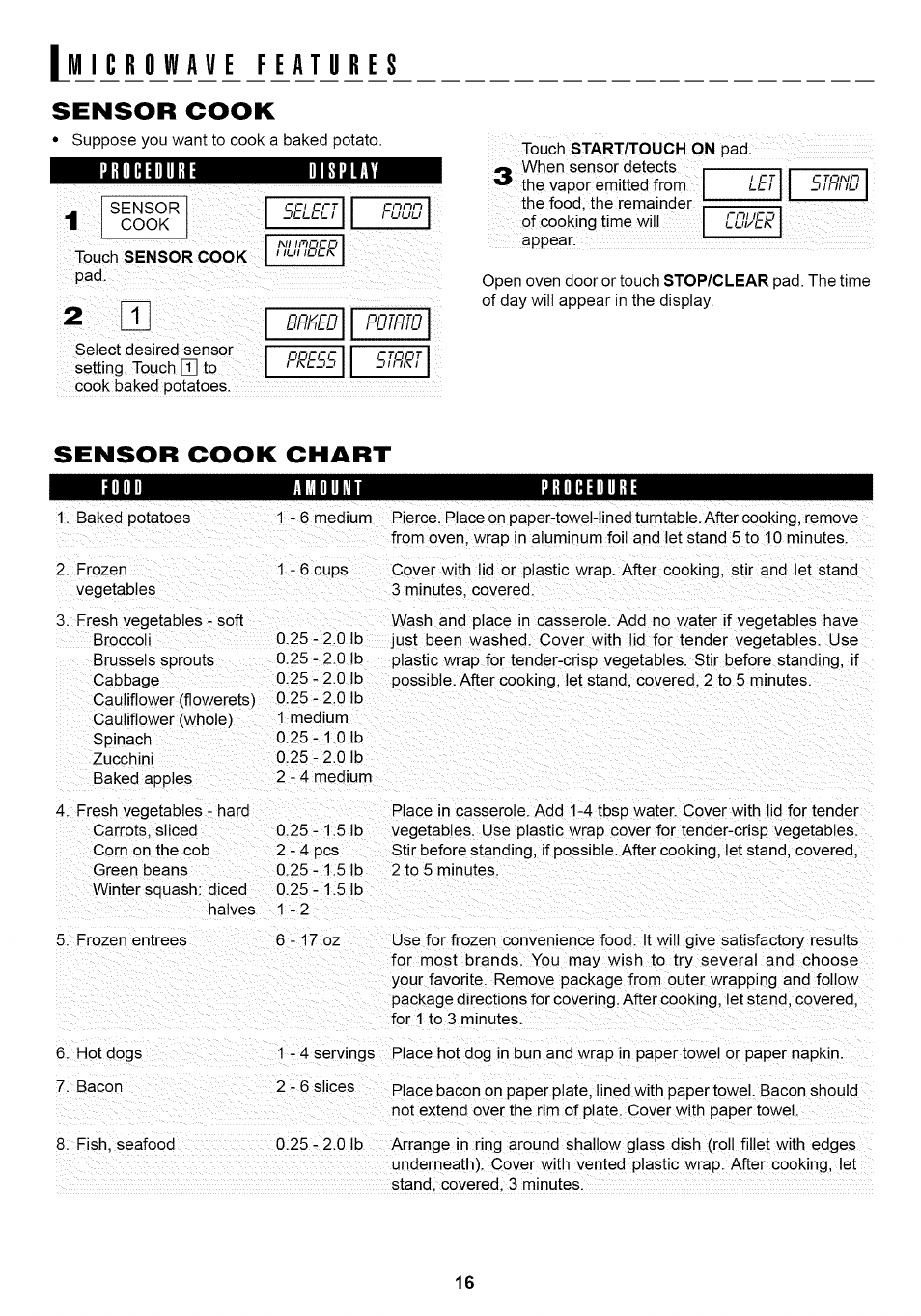 Sensor cook, Procedure, Splay | Sensor cook chart, Ll_i, Il'bi'lil'l | Sharp Carousel R-1875 User Manual | Page 17 / 31