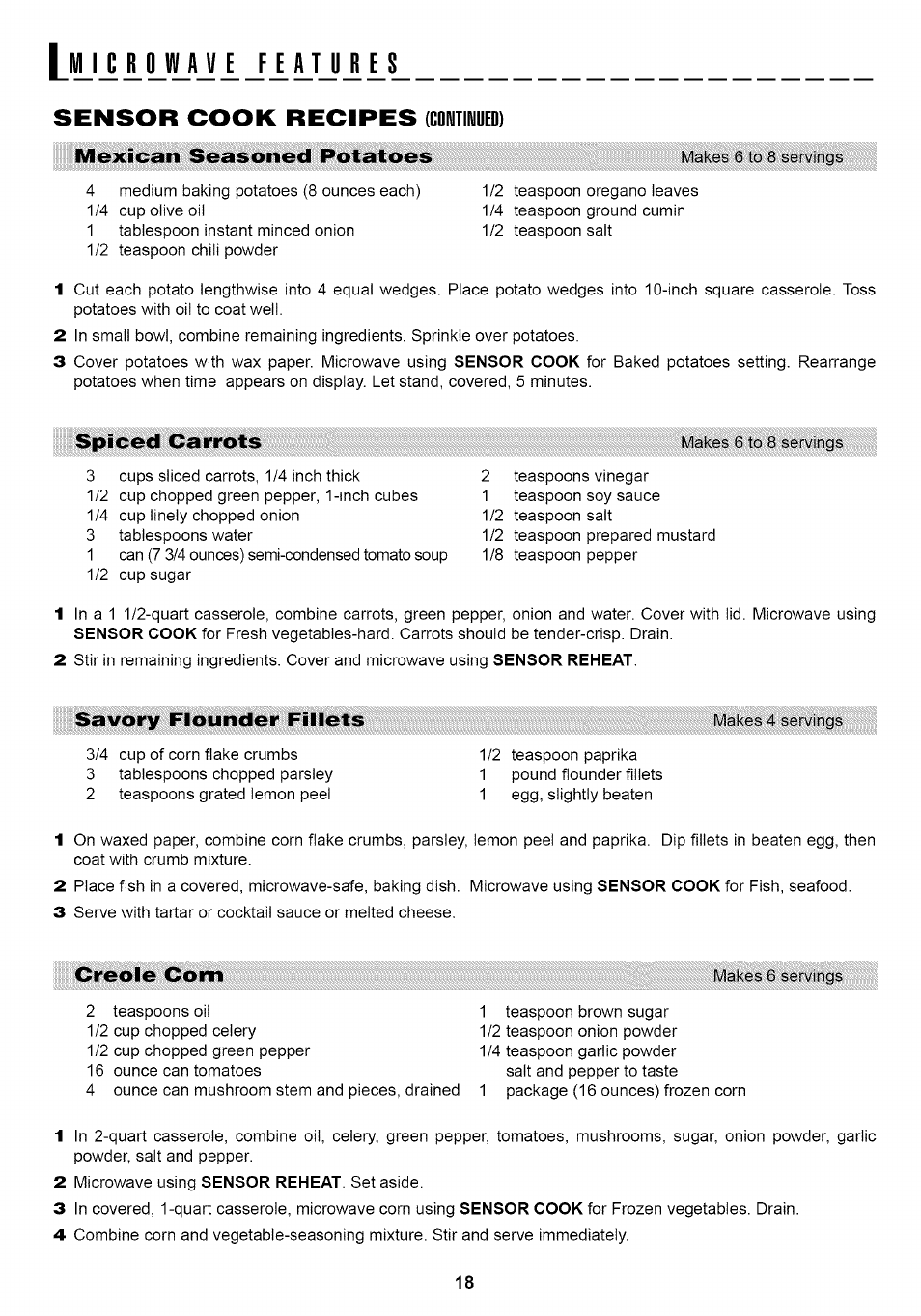 Lili i liy i j1 lui is, Sensor cook recipes (cdiütiiüued) | Sharp Carousel R-1875 User Manual | Page 19 / 31