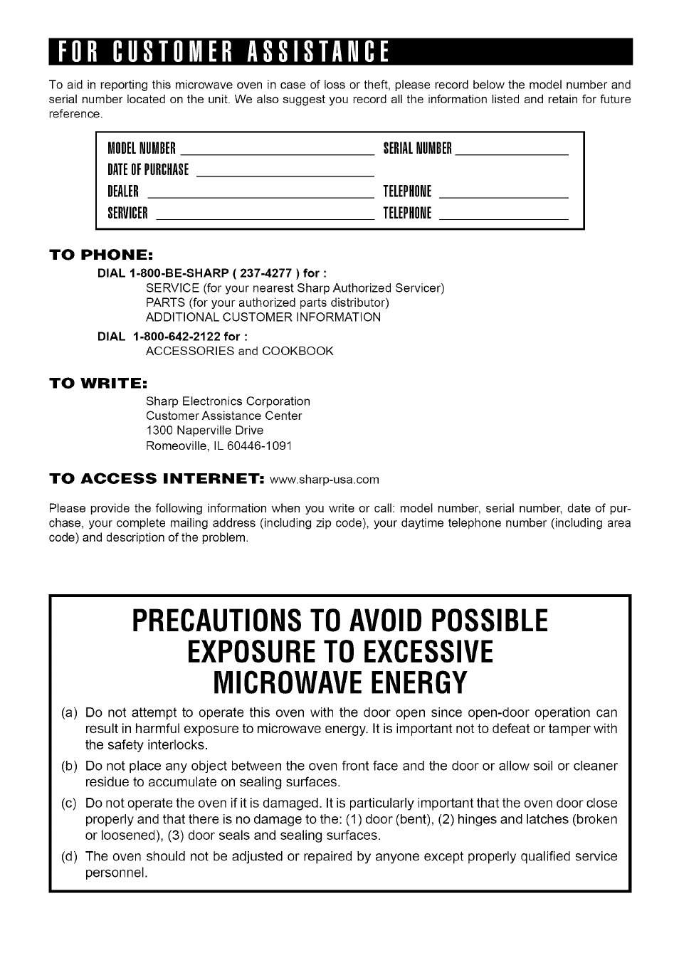 For customer assistance | Sharp Carousel R-1875 User Manual | Page 2 / 31